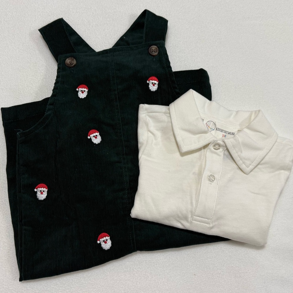 Infant Boys 18M Festive Santa Embroidered Green Overalls Collared Shirt Set